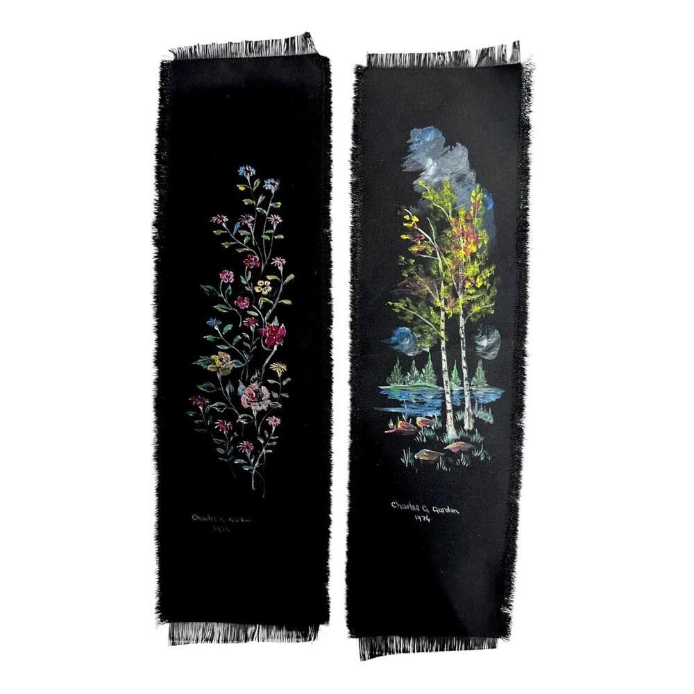 Vtg Painting Miniature Acrylic Black Satin Floral Landscape 74 Charles G. Gordon